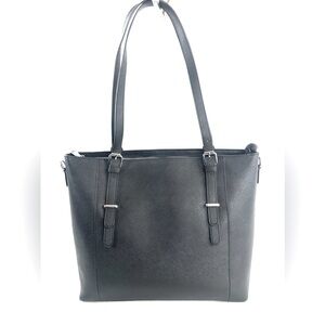 Enmain Black Saffiano Leather Large Tote Bag Belted Buckles Business Travel